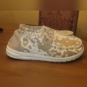 Hey Dude Women's Tan Cow Print Slip On's, Size 9
